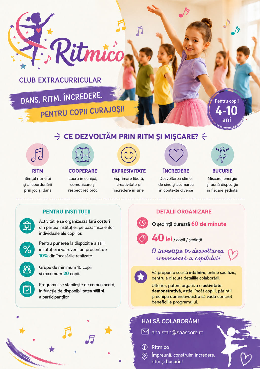 Afișul programului Ritmico, cu informații despre activități și contact